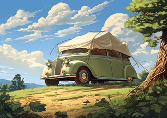 car and tent, nature hike in the mountains, travel tourism concept, digital art, anime style - obrazy, fototapety, plakaty
