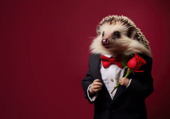 Elegant hedgehog in a tuxedo and with a red bowtie like a gentleman, holding a red rose in his paws