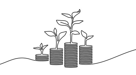 Continuous one line drawing of growing money graphic design. Single line art illustration money and plant on transparent background - obrazy, fototapety, plakaty