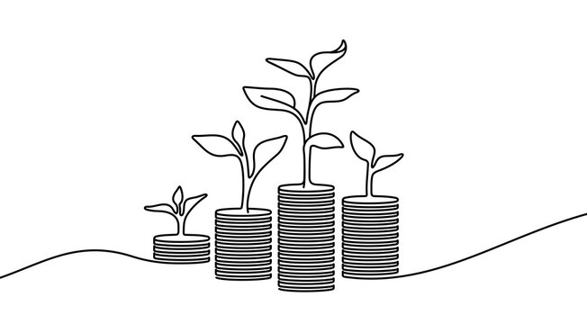 Continuous one line drawing of growing money graphic design. Single line art illustration money and plant on transparent background