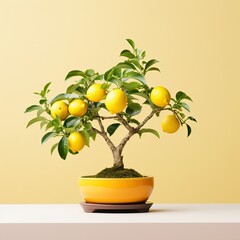 Bonsai tree in a pot with full size yellow lemons isolated on light background