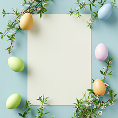 Naklejka na ściany i meble Easter eggs and a blank card on a gentle mint background, composition for Easter