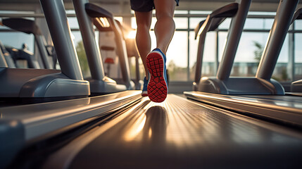 Runner running on treadmill in fitness club, photo of legs down, close up