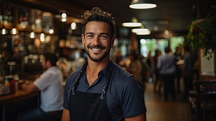 portrait of waiter smiling on tablet in restaurant, cafe or coffee shop for motivation, success or goal mindset. Happy employee, worker or technology startup for growth, management or trust