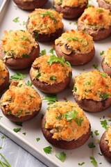 Fototapeta premium A tray filled with stuffed mushrooms covered in cheese
