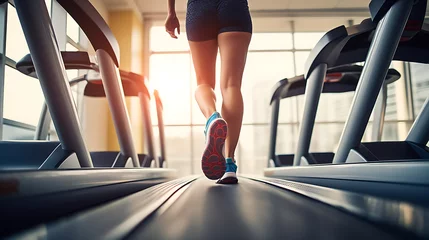 Papier Peint photo Lavable Fitness Runner running on treadmill in fitness club, photo of legs down, close up