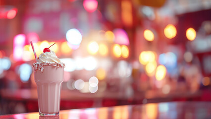 Festive Cherry-Topped Milkshake in a Diner with Vibrant Bokeh Background, Horizontal Poster or Sign with Open Empty Copy Space for Text 
