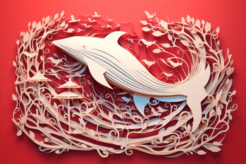 Sea composition in a beautiful paper cut style design. Abstract red background with dolphin, algae and corals. Generative AI.