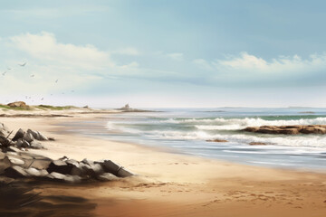 Beautiful seascape in digital watercolor style. Sandy beach with rocks and sea waves. Generative AI.