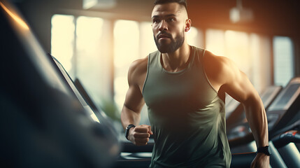 Fototapeta na wymiar Sportsman runner running on treadmill in fitness club