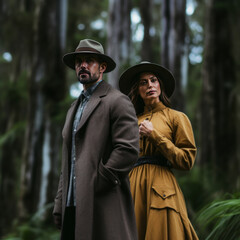 A young stylishly dressed couple of travelers in a national park. Generated AI.