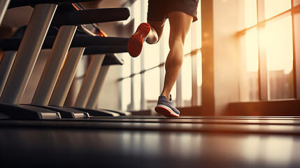 Sportsman runner running on treadmill in fitness club - obrazy, fototapety, plakaty