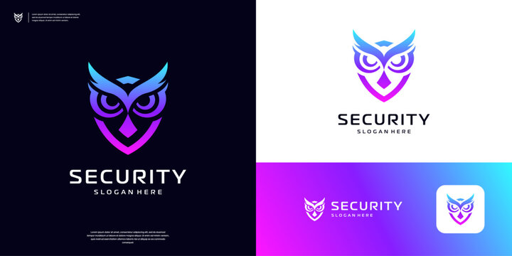 Owl shield logo design inspiration. Gradient cyberspace, security, protection logo template