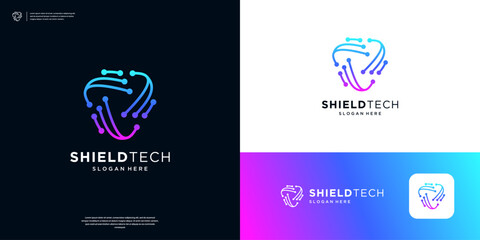 Security tech icon logo. Abstract shield secure logo design - obrazy, fototapety, plakaty