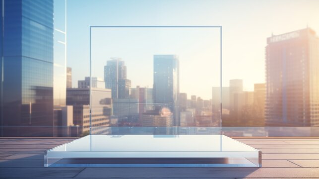 Glass advertising podium on the roof of a modern high-rise building overlooking the city