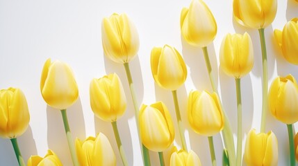 Yellow tulips on a white background, sunny spring light background with flowers. - obrazy, fototapety, plakaty