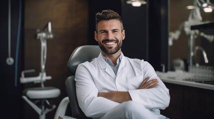 Obraz premium Smiling male doctor in uniform against background of his office. Dentist. 