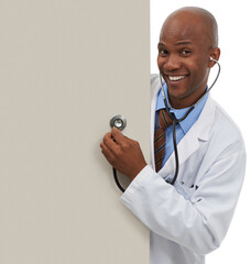 Happy doctor, stethoscope or portrait of black man with billboard, hospital promo or cardiology...