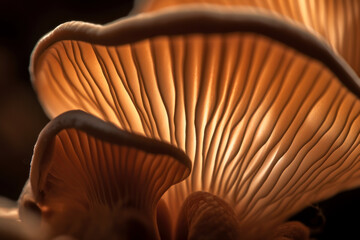 Extreme close up of mushrooms in the rays of the sun