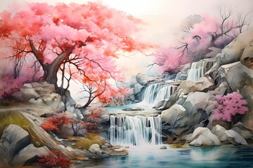 Waterfall landscape with flowers and trees
