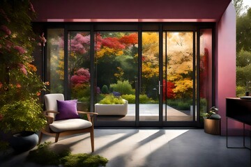 A sleek glass door reflecting the vibrant colors of a blooming garden outside.