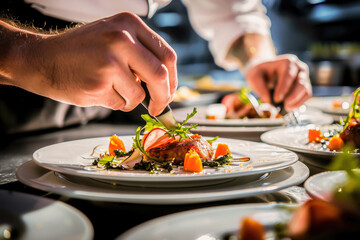 Professional chef carefully garnishes a gourmet dish in a busy restaurant kitchen, focusing on elegant presentation.