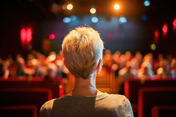 A woman watches a live performance or event, sitting in a theater audience with stage lights visible ahead. - obrazy, fototapety, plakaty