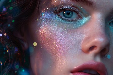 Close up view of young woman with exquisite makeup, face is covered with glitter and sparkles - Powered by Adobe