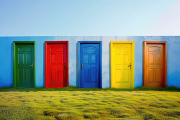 A vibrant row of multicolored doors on a colorful building, symbolizing choice and opportunity in a residential area.