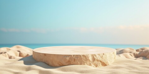 A beige stone textured podium in round-shaped displayed on the sand. Blue sky background
