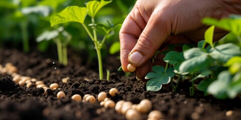 Close-up Hand planting beans seed in the vegetable garden. Growing vegetables