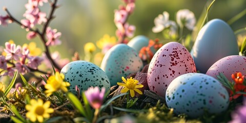 Fototapeta na wymiar Colorful easter eggs and spring flowers