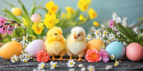 Colorful easter eggs and small yellow chicken