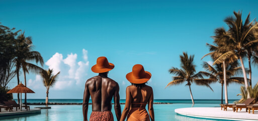 Black middle-aged couple stands with their backs and looks at hotel and pool - Powered by Adobe