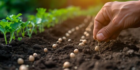 farmer hand sowing seeds of vegetable on prepared soil