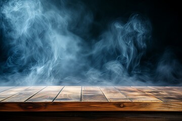 empty wooden table with smoke float up on dark background - obrazy, fototapety, plakaty