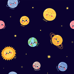 Vector seamless pattern with cute characters planets of the solar system on a dark blue background - 708542485