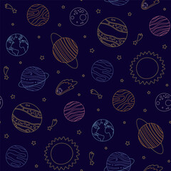 Vector seamless pattern with linear colored planets of the solar system on a dark blue background - 708542498