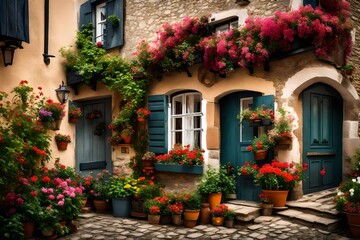 A quaint cottage in a European village, with cobblestone streets and flower-filled window boxes.