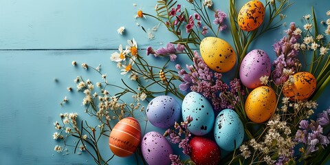 top wiev Colorful easter eggs and spring flowers