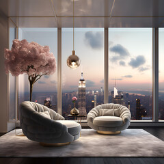luxury living room with high selling, big bright window, view to the new york, luxury big light in the form of a peony in the centre, luxury interior design with black marble, wood and luxury light