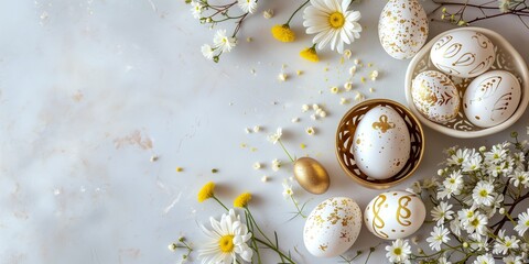 Easter eggs and spring flowers - obrazy, fototapety, plakaty