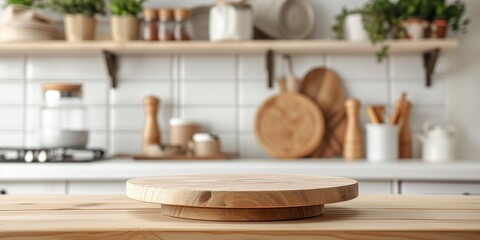 Wooden pedestal on table in kitchen interior