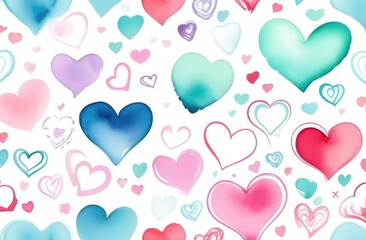 Hand drawn hearts and love signs romantic seamless pattern. Isolated drawn multi-colored repeating patterns on a white background. Cute doodle heart style seamless pattern on white background