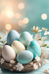 Naklejka na ściany i meble Celebrating Easter, holiday greeting card mockup with light bokeh, flowers and colored eggs.
