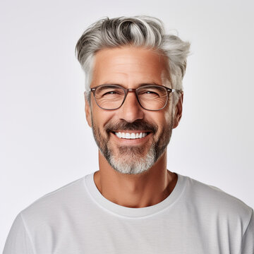 Studio portrait of an older man smiling with a modern haircut. Advertisement for dental, business, studio, etc.