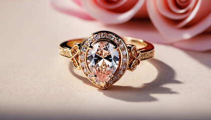 A majestic golden engagement ring with a pear-shaped diamond center, ornate filigree detailing, and a halo of smaller diamonds, presented against a soft backdrop with romantic pink roses, symbolizing 