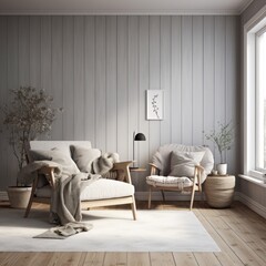 Modern Scandinavian Living Room Interior with Elegant Furniture and Decor. wall Art , Poster , Interior Design , illustration  
