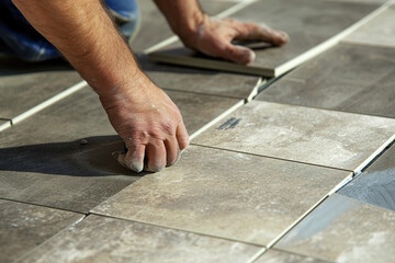 Close-up of hands installing new tiles or flooring.