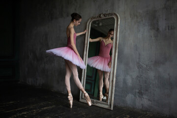 Ballerina in a pink tutu stands in front of a mirror.